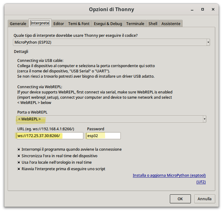 Thonny: impostazioni WebREPL