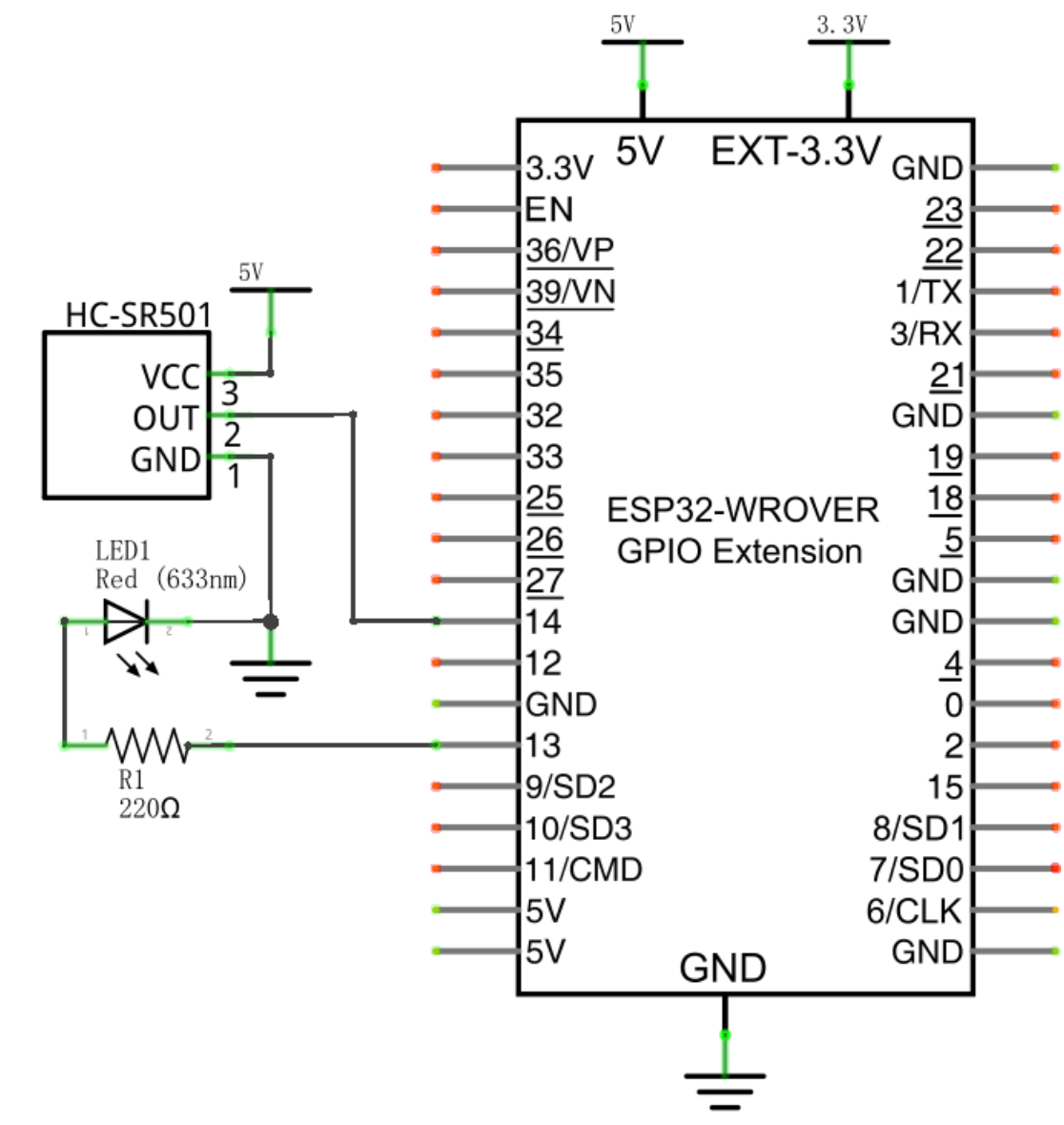Schema elettrico: HC-SR501 e LED collegati all'ESP32-WROVER tramite la scheda di estensione GPIO